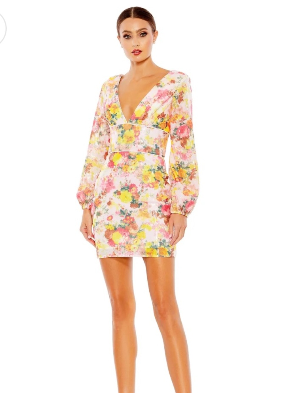 IEENA for Mac Duggal size 0 Floral V-Neck Mini Dress in Pink & Yellow